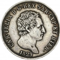 Carlo Felice (1821-1831): 5 lire 1829-To (Gigante#50)